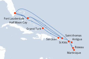 carte itinéraire croisière Caraïbes Bahamas 18 jours au départ du port de Fort Lauderdale