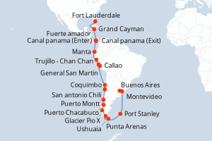 Carte de l'itinéraire de croisière Fort Lauderdale-Buenos Aires d'une durée de 31 jours