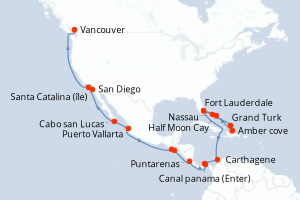 carte itinéraire croisière Transatlantique 26 jours au départ du port de Fort Lauderdale