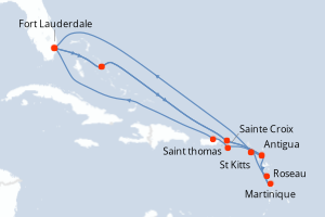 carte itinéraire croisière Caraïbes Bahamas 21 jours au départ du port de Fort Lauderdale