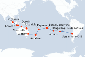 carte itinéraire croisière Asie 41 jours au départ du port de San antonio Chili