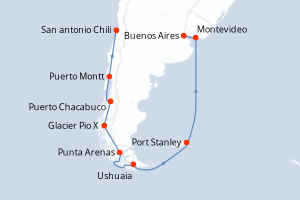 Carte de l'itinéraire de croisière San antonio Chili-Buenos Aires d'une durée de 14 jours