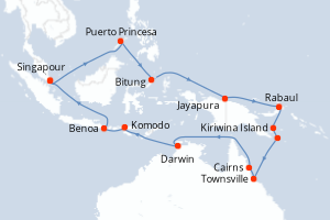 Carte de l'itinéraire de croisière Singapour-Singapour d'une durée de 28 jours