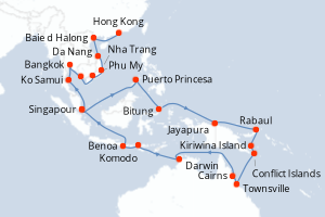 carte itinéraire croisière Asie 42 jours au départ du port de Singapour