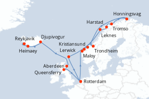 Carte de l'itinéraire de croisière Reykjavik-Rotterdam d'une durée de 21 jours