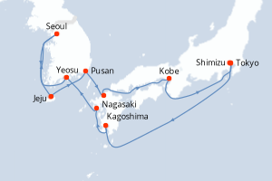 Carte de l'itinéraire de croisière Tokyo-Tokyo d'une durée de 15 jours