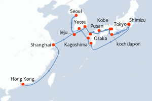 carte itinéraire croisière Asie 29 jours au départ du port de Tokyo