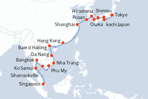 carte itinéraire croisière Asie 28 jours au départ du port de Tokyo