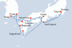 carte itinéraire croisière Asie 14 jours au départ du port de Tokyo