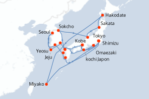 Carte de l'itinéraire de croisière Tokyo-Tokyo d'une durée de 28 jours