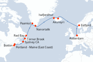 carte itinéraire croisière Transatlantique 17 jours au départ du port de Boston