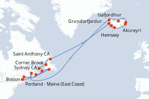 carte itinéraire croisière Amérique du Nord 28 jours au départ du port de Boston