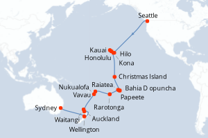 carte itinéraire croisière Australie Nouvelle Zélande 34 jours au départ du port de Seattle