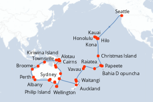 carte itinéraire croisière Australie Nouvelle Zélande 69 jours au départ du port de Seattle