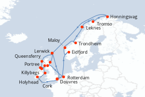 carte itinéraire croisière Fjörds norvégiens 28 jours au départ du port de Douvres