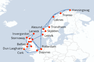 carte itinéraire croisière Fjörds norvégiens 29 jours au départ du port de Douvres
