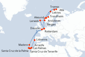 carte itinéraire croisière Fjörds norvégiens 29 jours au départ du port de Douvres
