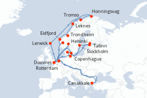 carte itinéraire croisière Fjörds norvégiens 28 jours au départ du port de Douvres