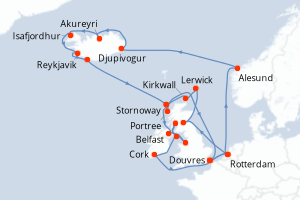 Carte de l'itinéraire de croisière Douvres-Douvres d'une durée de 28 jours