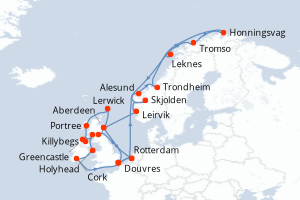 carte itinéraire croisière Fjörds norvégiens 28 jours au départ du port de Douvres