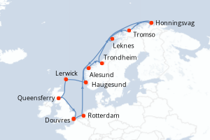Carte de l'itinéraire de croisière Douvres-Douvres d'une durée de 14 jours
