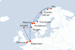Carte de l'itinéraire de croisière Douvres-Rotterdam d'une durée de 15 jours