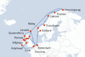 Carte de l'itinéraire de croisière Rotterdam-Rotterdam d'une durée de 28 jours