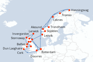 Carte de l'itinéraire de croisière Rotterdam-Rotterdam d'une durée de 29 jours