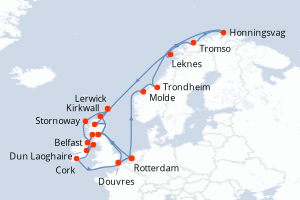 Carte de l'itinéraire de croisière Rotterdam-Rotterdam d'une durée de 28 jours