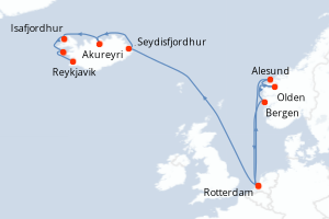 carte itinéraire croisière Fjörds norvégiens 14 jours au départ du port de Rotterdam