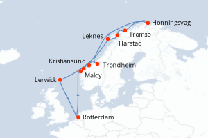 Carte de l'itinéraire de croisière Rotterdam-Rotterdam d'une durée de 14 jours