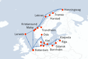 carte itinéraire croisière Fjörds norvégiens 28 jours au départ du port de Rotterdam