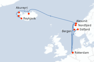Carte de l'itinéraire de croisière Rotterdam-Reykjavik d'une durée de 14 jours