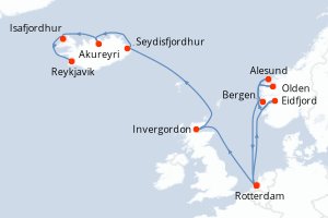 carte itinéraire croisière Fjörds norvégiens 14 jours au départ du port de Rotterdam