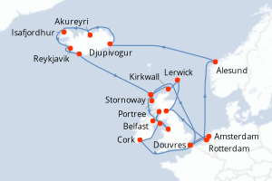 carte itinéraire croisière Fjörds norvégiens 28 jours au départ du port de Rotterdam