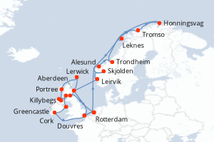 Carte de l'itinéraire de croisière Rotterdam-Rotterdam d'une durée de 28 jours