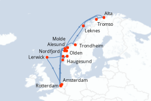 carte itinéraire croisière Fjörds norvégiens 21 jours au départ du port de Rotterdam