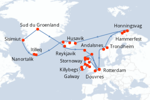 carte itinéraire croisière Europe du Nord 42 jours au départ du port de Rotterdam