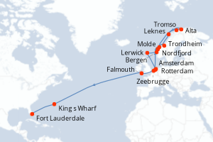 Carte de l'itinéraire de croisière Rotterdam-Fort Lauderdale d'une durée de 27 jours