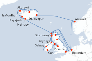 carte itinéraire croisière Fjörds norvégiens 28 jours au départ du port de Rotterdam