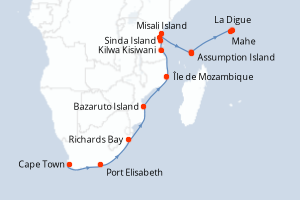 Carte de l'itinéraire de croisière Cape Town-Mahe d'une durée de 20 jours