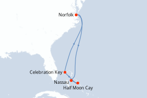 carte itinéraire croisière Caraïbes Mexique 6 jours au départ du port de Norfolk