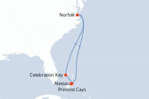 carte itinéraire croisière Caraïbes Mexique 6 jours au départ du port de Norfolk