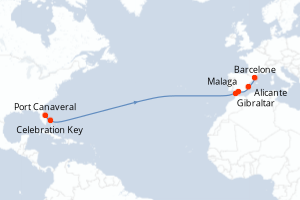 carte itinéraire croisière Transatlantique 14 jours au départ du port de Port Canaveral