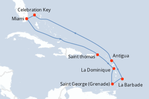 Carte de l'itinéraire de croisière Miami-Miami d'une durée de 11 jours