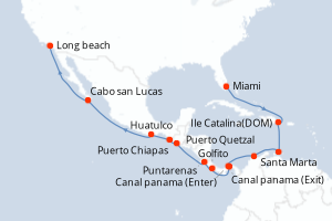 Carte de l'itinéraire de croisière Miami-Long beach d'une durée de 22 jours
