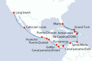 Carte de l'itinéraire de croisière Miami-Long beach d'une durée de 29 jours