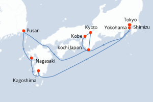 Carte de l'itinéraire de croisière Yokohama-Tokyo d'une durée de 12 jours