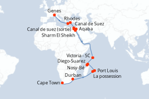 Carte de l'itinéraire de croisière Cape Town-Genes d'une durée de 29 jours