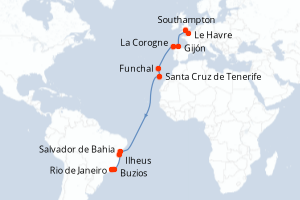 carte itinéraire croisière Transatlantique 18 jours au départ du port de Southampton